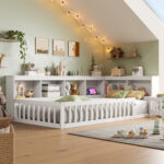 3ft Single Floor Bed Frame With Beside Bookcase And Storage Shelves, Full Floor Bed Frame With Guardrails And Door For Bedroom, USB And Type - C Ports, White No Mattress