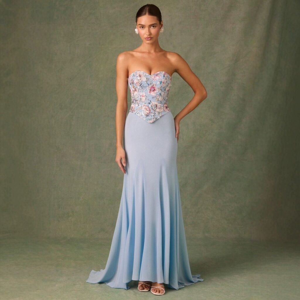 Embellished Corset Fishtail Gown In Floral Blue