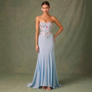 Embellished Corset Fishtail Gown In Floral Blue