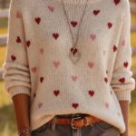 Oversized Heart Print Knit Sweater - Scattered Hearts Valentine's Edition
