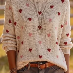 Oversized Heart Print Knit Sweater - Scattered Hearts Valentine's Edition