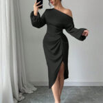 Off Shoulder Long Sleeve Dress With A Slanted Neckline