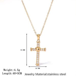 Stainless Steel Inlaid Rhinestone Heart-shaped Cross Pendant Necklace