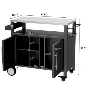 Two Doors Outdoor Grill Cart With Patio Furniture, Outdoor Grill Table With Storage,Rolling Bar Cart Outdoor BBQ Cart With Hooks And Spice Rack For Grilling Accessories, Black