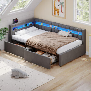 3ft Single Daybed With Two Storage Drawers, LED Modern Channel Tufted Bed Frame With Charging Station, Velvet Sofa Bed For Living Room Bedroom Study Room, 90X190cm, Easy Assembly, Grey No Mattress