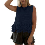 European And American Style Heavy Industry Tassel Hem Knitted Vest Solid Color Round Neck Sleeveless Outerwear Casual Versatile Short Top