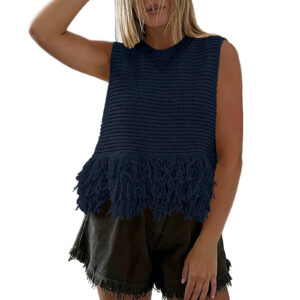 European And American Style Heavy Industry Tassel Hem Knitted Vest Solid Color Round Neck Sleeveless Outerwear Casual Versatile Short Top