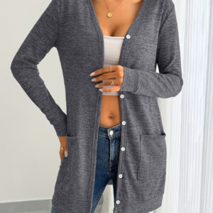 Solid-color Loose-fitting Long-sleeve Cardigan With Pockets