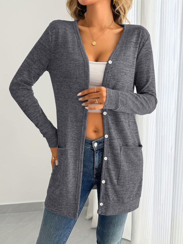 Solid-color Loose-fitting Long-sleeve Cardigan With Pockets
