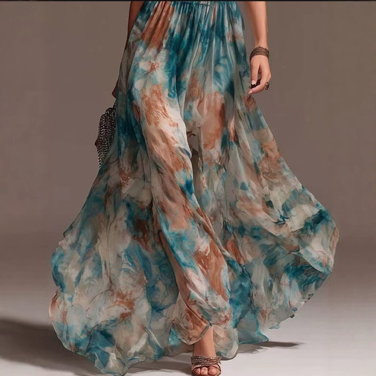 Halterneck Backless Casual Long Dress With Ink-wash Floral Print