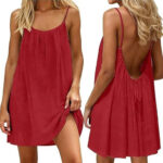 Solid-color Pleated Backless Halter Top Short Skirt For Beach Vacation