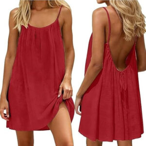 Solid-color Pleated Backless Halter Top Short Skirt For Beach Vacation