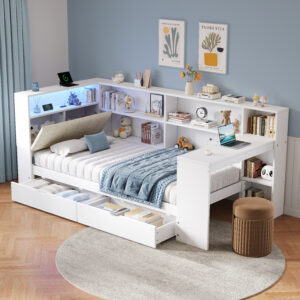 3ft Single L-Shape Daybed With Storage Drawers And Bookcase Storage, LED Linen Concealed Headboard Storage With Charging Station, Wood Bed For Living Room Bedroom Study Room, White No Mattress
