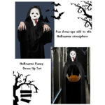 2 Stück Halloween-Kostüm-Set: 150 Cm Schwarzer Kapuzenumhang Mit Weißer Zungenmaske, Gruseliges Verkleidungsset-Partyzubehör-Set