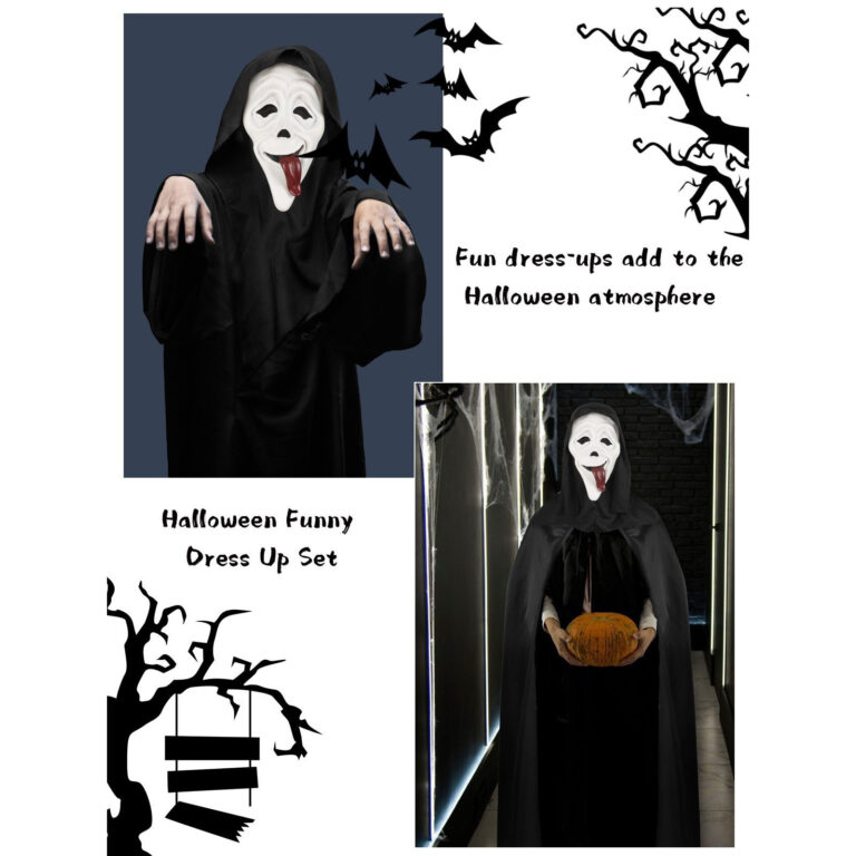 2 Stück Halloween-Kostüm-Set: 150 Cm Schwarzer Kapuzenumhang Mit Weißer Zungenmaske, Gruseliges Verkleidungsset-Partyzubehör-Set