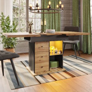 Telescopic Dining Table 110 140 X 80 Cm, Foldable Kitchen Table For 4 -6 People, Extendable Dining Table, Space Saving Kitchen Table, For Kitchen And Living Room, Table With LED Lighting