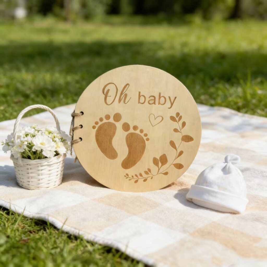 Round Wood Cover Baby Photo Journal With Footprint Engraving, Blank Inner Pages Baby Keepsake Scrapbook, Gender Neutral Baby Shower Present For New Parents