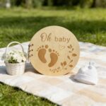 Round Wood Cover Baby Photo Journal With Footprint Engraving, Blank Inner Pages Baby Keepsake Scrapbook, Gender Neutral Baby Shower Present For New Parents