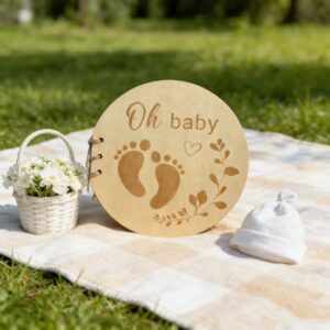 Round Wood Cover Baby Photo Journal With Footprint Engraving, Blank Inner Pages Baby Keepsake Scrapbook, Gender Neutral Baby Shower Present For New Parents