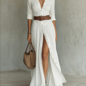 Womens Casual And Versatile V-neck Long Split Dress