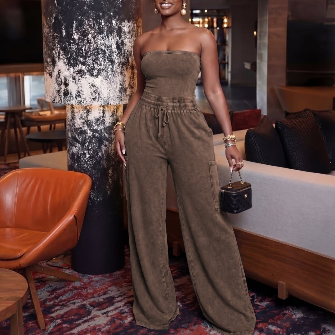 New Womens Casual Washed Strapless Jumpsuit With Wide-leg Pants