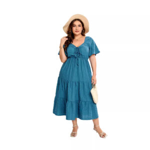 Womens Solid-color V-neck High-waisted Dress