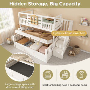 Bunk Beds For Kids, Staircase Bunk With Hydraulic Storage, Children S Bed With Storage Cube, Double Bunk Bed For Family With Multiple Children, 90 135 X 190 Cm, Solid Wood, White
