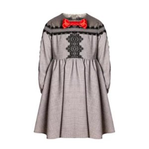 Girls Grey Velvet-Cotton Long Dress Kids Vintage Lace Outfit 3-10Y Spring