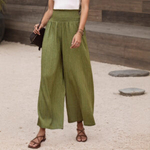 Womens Solid Color High Waisted Casual Loose Fitting Wide Leg Pants