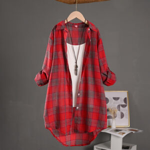 Plaid Womens Thin Sunprotective ShirLoosefit Cottonlinen