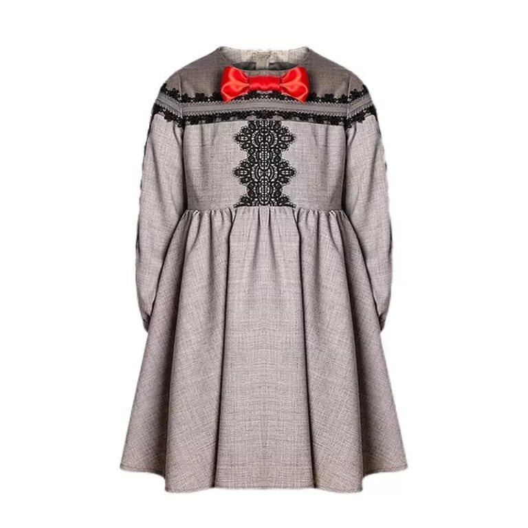 Girls Grey Velvet-Cotton Long Dress Kids Vintage Lace Outfit 3-10Y Spring