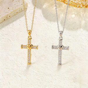 Stainless Steel Inlaid Rhinestone Heart-shaped Cross Pendant Necklace