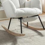 067-Teddy Fabric Leisure Rocking Chair With Adjustable Footstool,Nursery Rocking Chair, High Backrest, Storage Pocket On The Right Side,The Base Rocker Is Solid Wood And Metal,Ivory