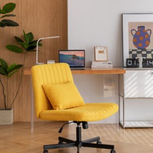 Yellow Linen Criss Cross Armless Office Chair with Wheels - Versatile for Home Office, Meditation & Makeup