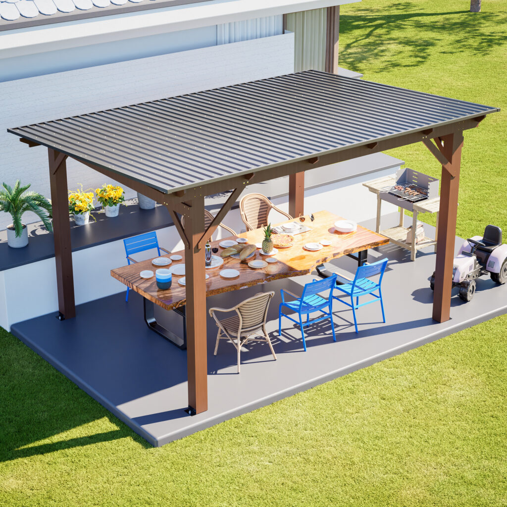 13x10ft Wooden Garden Gazebo with Metal Roof, Spacious Outdoor Patio Shade Structure for Backyard & Garden