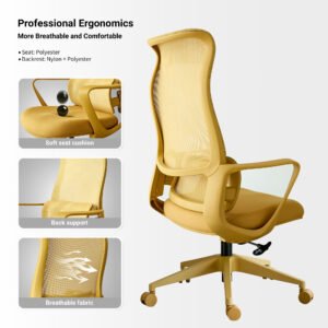 Ergonomic Colorful Office Chair 350LBS Home Office Mesh Breathable High Back, With Adjustable Lumbar Support Computer Chair, Integrated Molded Foam Seat Cushion, Fireproof (Yellow)