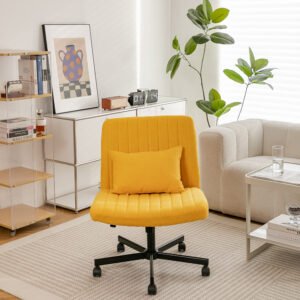 Yellow Linen Criss Cross Armless Office Chair with Wheels - Versatile for Home Office, Meditation & Makeup