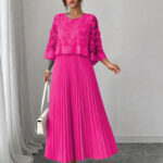 Elegant A-line Pleated Dress With Appliqued Mesh Paneling, Vacation Outfits Women, Summer Outfits For Women