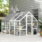 Wooden Catio Outdoor Cat Enclosure With Waterproof Cover, 2 Condos, 6 Platforms, Bridge, Doors, White