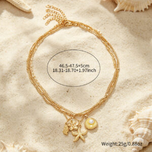 Cross-border European American Ins Style Necklace Jewelry Set, Sea Star, Faux Pearl, Floral, Conch & Scallop Pendant Flat Snake Chain Clavicle Neck Jewelry For Women
