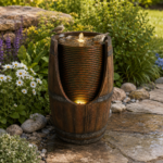 Outdoor Barrel Water Fountain With Lights Rustic Wood Look Resin Handmade Waterfall Garden Decor For Patio Yard Porch