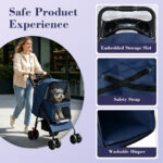 Foldable Pet Stroller for Small Dogs and Cats Under 28 lbs with Multi-Functional Tray, 2 Safety Leashes, Storage Basket & Breathable Mesh, 4 Wheels Pet Stroller, Blue