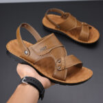 Men's Soft Leather Sandals, Summer Anti-slip Genuine Soft Leather Dual-wear Casual Soft Sole Sandals For Middle-aged Dad & Beach