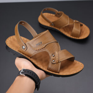 Men’s Soft Leather Sandals, Summer Anti-slip Genuine Soft Leather Dual-wear Casual Soft Sole Sandals For Middle-aged Dad & Beach