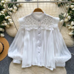 Commuter-style Yellow Ruffled Beaded Lantern-sleeve Blouse