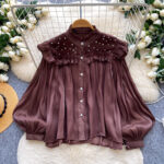 Commuter-style Yellow Ruffled Beaded Lantern-sleeve Blouse