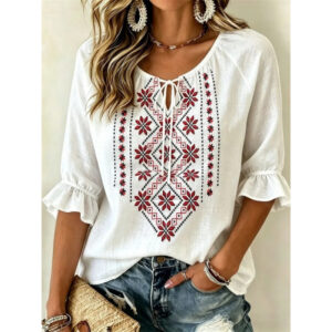 Womens Fashionable Printed V-neck Short-sleeve Top
