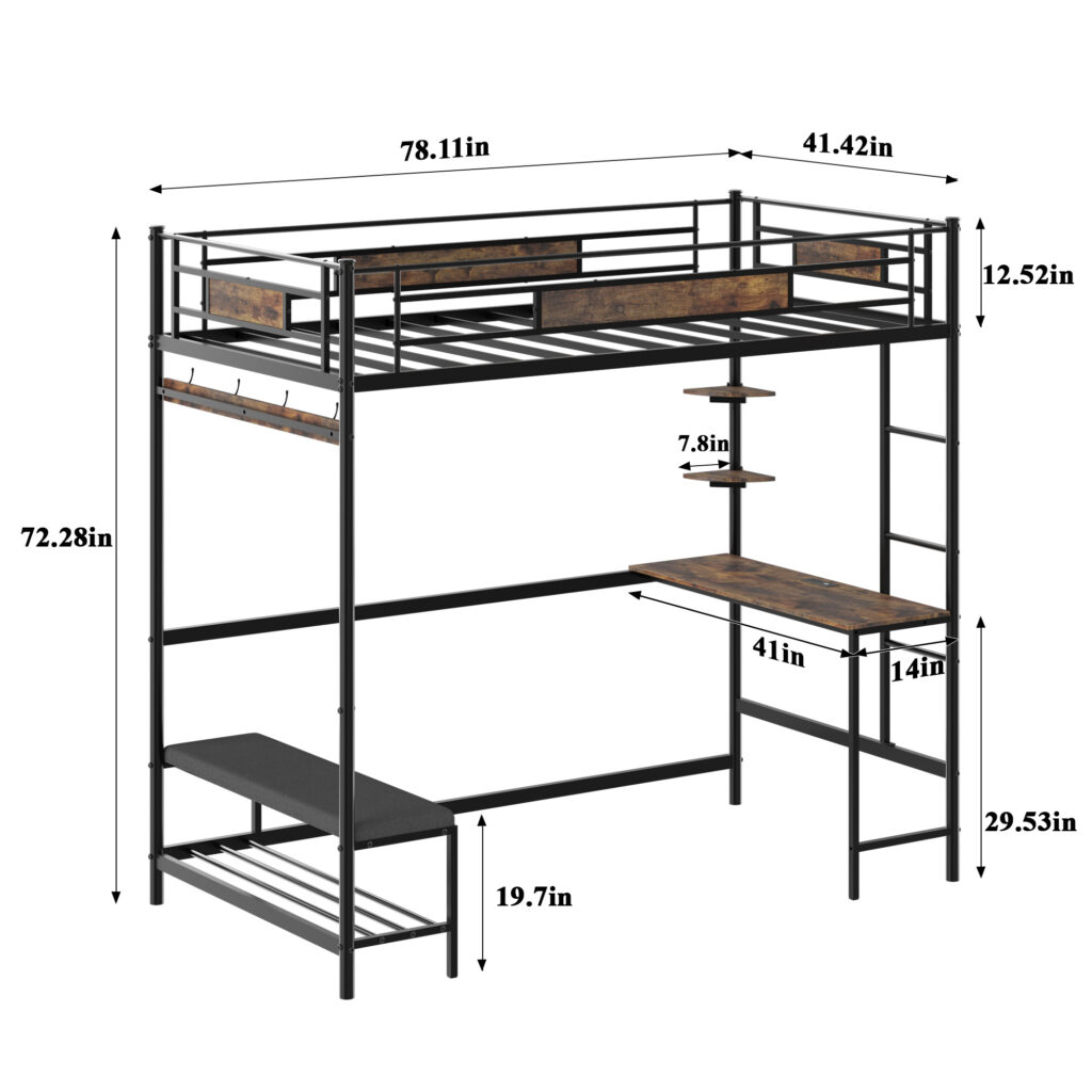 Twin Metal Loft Bed Frame With Storage, Buckle-Fastened Slats, No Box Spring