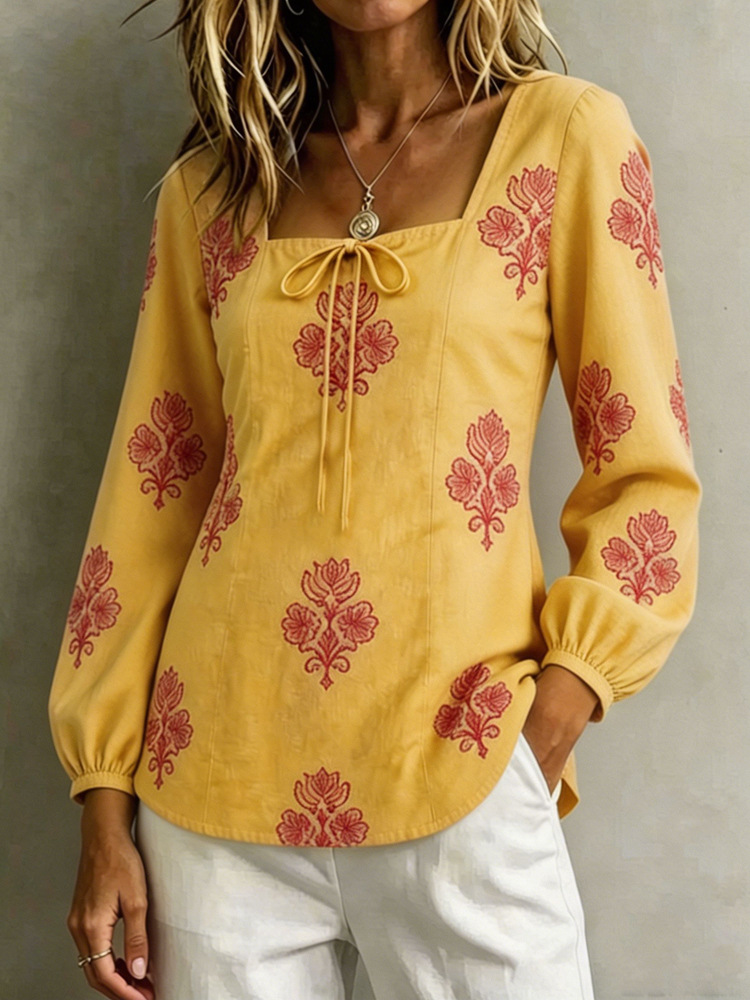 Womens Casual Long-sleeve Square-neck Top With A Standard Digital Print
