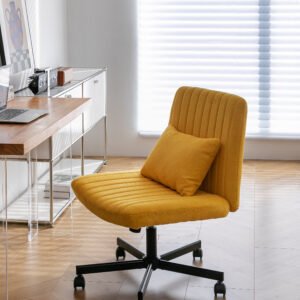 Yellow Linen Criss Cross Armless Office Chair with Wheels - Versatile for Home Office, Meditation & Makeup